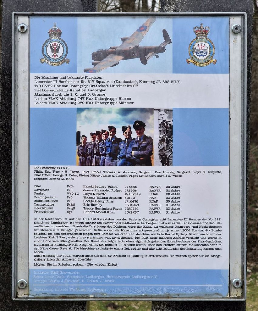 A memorial stele commemorating the six British and two Canadian crew members of the Avro Lancaster Mk.III JA898 KC-X of No. 617 Squadron, which was shot down on 16 September 1943.
