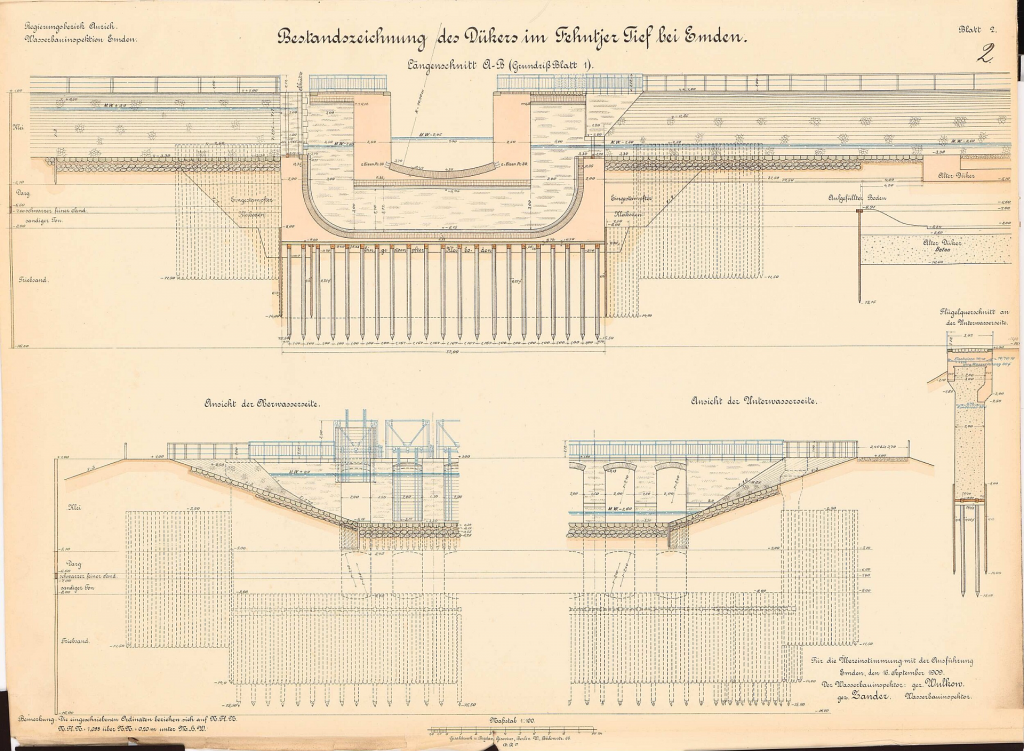As-built drawing of the inverted siphon in the Fehntjer Tief near Emden, 1909
