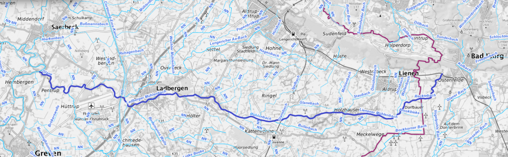The course of the Glane from its source to its confluence with the Ems
