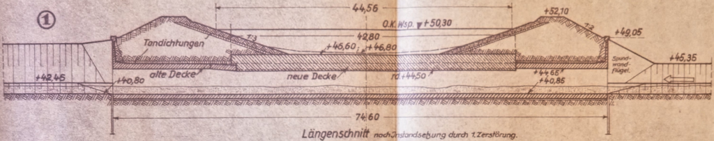 Anlage 4, Abb. 1 Längenschnitt nach Instandsetzung durch 1. Zerstörung. Erste Zerstörung und Instandsetzung des Glanedurchlasses bei bzw. nach dem 3. Luftangriff, 21.11.44.