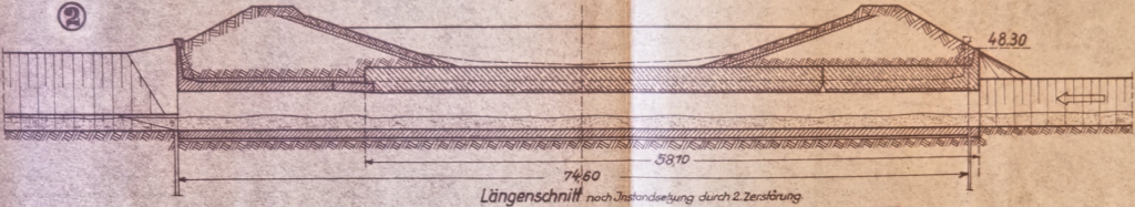 Annex 4, Fig. 2: Longitudinal section following repairs after the second destruction. Second destruction and repair of the Glane culvert during and following the fourth air raid, 1 January 1945.