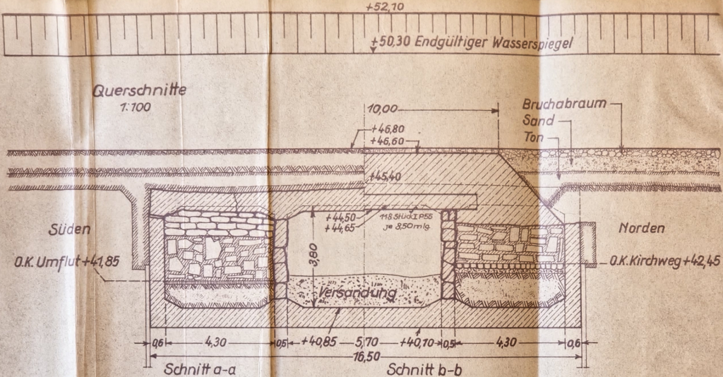 Anlage 4, Abb. 3, Schnitt a-a b-b nach Instandsetzung durch 3. Zerstörung, nicht vollendet. Dritte Zerstörung und begonnene Instandsetzung des Glanedurchlasses nach dem 6. Luftangriff, 3.3.45.